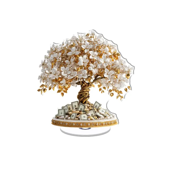 Adorno acrílico giratorio con un árbol de efectivo dorado con monedas con diamantes y billetes con incrustaciones de perlas en un diseño vibrante y ultrarrealista. - 1