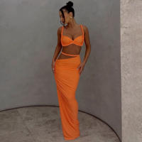 BUNO-Conjunto de 2 piezas de tejido para mujer, camisolas cortas plisadas lisas impresionantes + faldas largas de cintura alta, traje de vacaciones de tendencia femenina - details 1