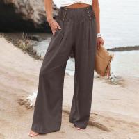Pantalones largos sueltos de lino y algodón de pierna ancha para mujer con cintura elástica informal de primavera y verano - details 5