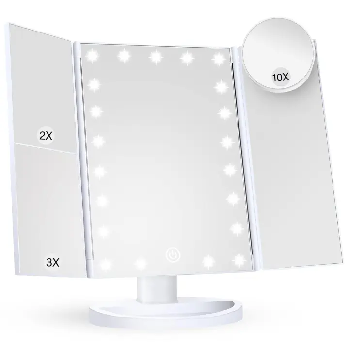 HUONUL Espejo de tocador de maquillaje con luces, aumento 2X, 3X, 10X, control táctil, triple, blanco, 9.4"L x 13.4"W, estilo moderno, - 1