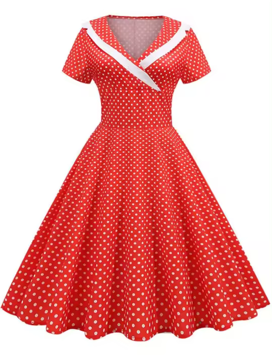 Vestido midi de verano con lunares para mujer, manga corta, cuello marinero, elegante, informal, vintage, corte en A - 1