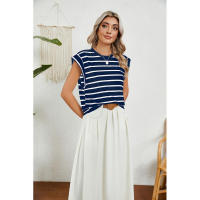 BUNO-2025 Tops para mujer, pantalón corto informal de moda de verano, camisetas básicas con textura a rayas de Color sólido y cuello redondo - details 82