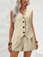 Conjunto Mujer 2025 - Chaleco Elegante con Botones y Shorts, Cuello en V, Tejido Transpirable - Moda Oficina y Casual - details 4