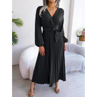 Vestido largo plisado con dobladillo grande para mujer, vestido cruzado de Color liso con cuello en V, moda de primavera y verano - details 8