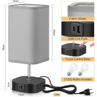 Lámpara de noche con pantalla táctil con puertos USB C+A para carga, regulable en 3 vías, lámpara de mesa moderna, pantalla de tela gris (2 Piezas, Pantalla de Gris) - details 0