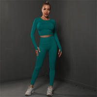 Conjuntos de gimnasio para mujeres 2 piezas manga larga ropa de yoga top cropped costilla alta leggings sin costuras material elástico para primavera/verano - details 15