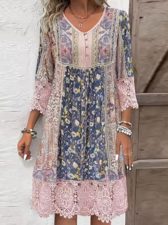 Vestido de encaje estampado Vintage para mujer, vestidos informales holgados con cuello en V, a la moda, para primavera y verano - 1