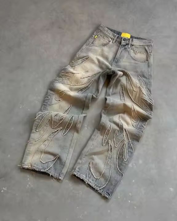 Vintage Hip Hop Loose Y2k Jeans Hombre,Harajuku bordado pantalones de mezclilla,Pantalones de piel recortada divididos,Pantalones casuales punk para las mujeres - 1