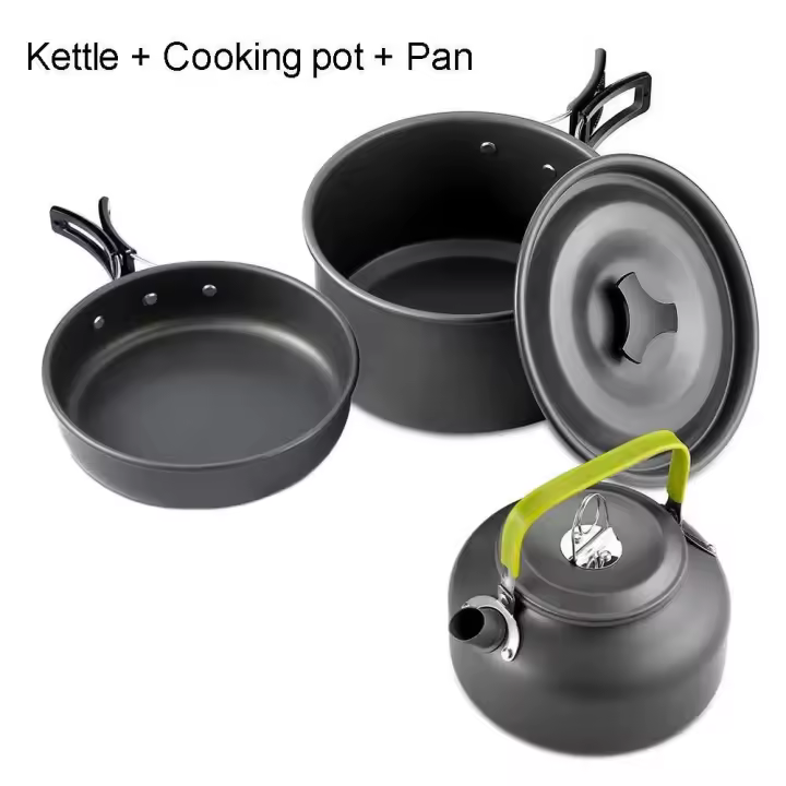 Juego de utensilios de cocina para acampar, villa portátil antiadherente de aluminio para exteriores, tetera, olla, sartén de fondo plano, senderismo, barbacoa y - 1