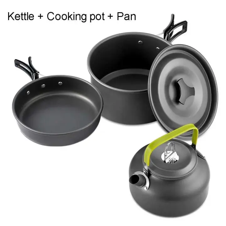 Juego de utensilios de cocina para acampar, villa portátil antiadherente de aluminio para exteriores, tetera, olla, sartén de fondo plano, senderismo, barbacoa y - 1