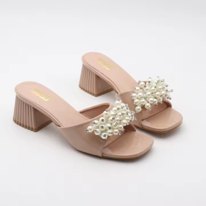 Tacones altos con tiras, tacones gruesos, perlas versátiles, sencillos. - 1