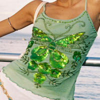 Camiseta sin mangas con purpurina brillante para mujer Y2k, Tops cortos con cuentas de lentejuelas de hadas, camisola sin mangas de varias capas, chaleco de verano, ropa de calle - details 4
