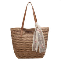 Bolso de mano Vintage para mujer, tejido de hombro, Color sólido, cinta de encaje, mimbre, paja Bohemia, Asa de playa, Beige - details 14
