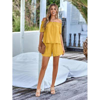 Conjunto de dos piezas de manga corta holgado de color sólido con hombros descubiertos informal para mujer, nueva colección primavera verano - details 18