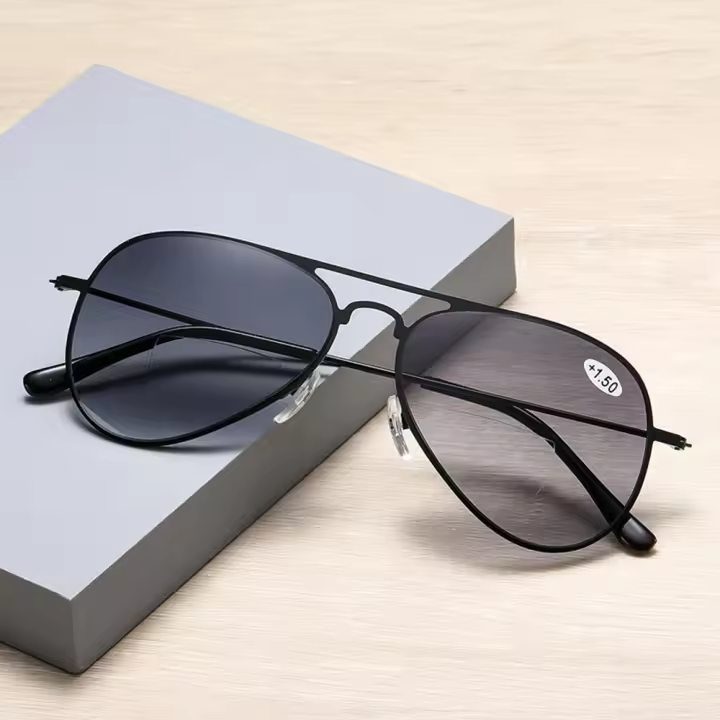 Gafas de sol de lectura bifocales para piloto, lentes negras de aleación, ligeras, llanta completa, + 0,75 a + 4, ver de cerca y lejos - 1