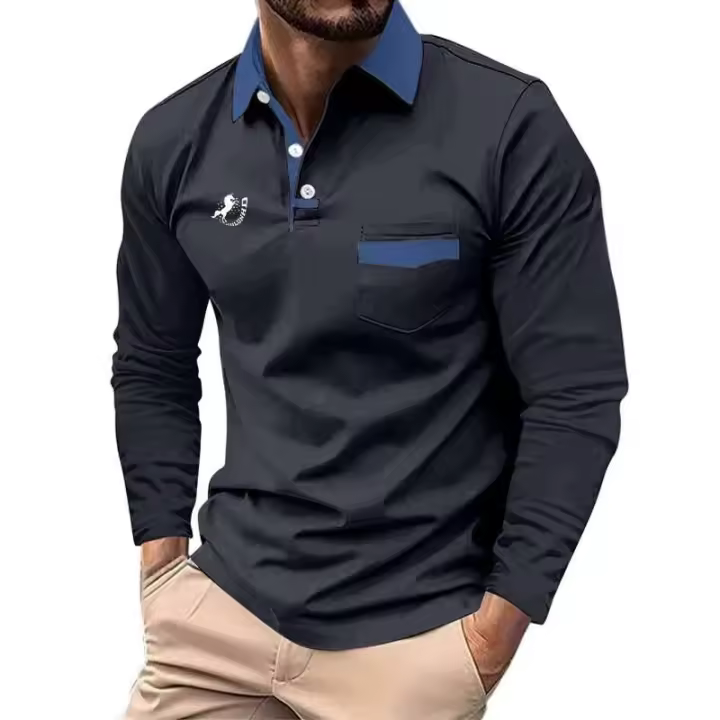 Polo deportivo de manga larga para hombre, camiseta informal de negocios con Bolsillo grande, Top de poliéster estampado, primavera y otoño - 1