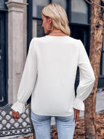 Blusa de retazos de encaje hueco para mujer, elegante camisa de manga larga para oficina, Tops elegantes sólidos sueltos, ropa de moda de otoño - details 5
