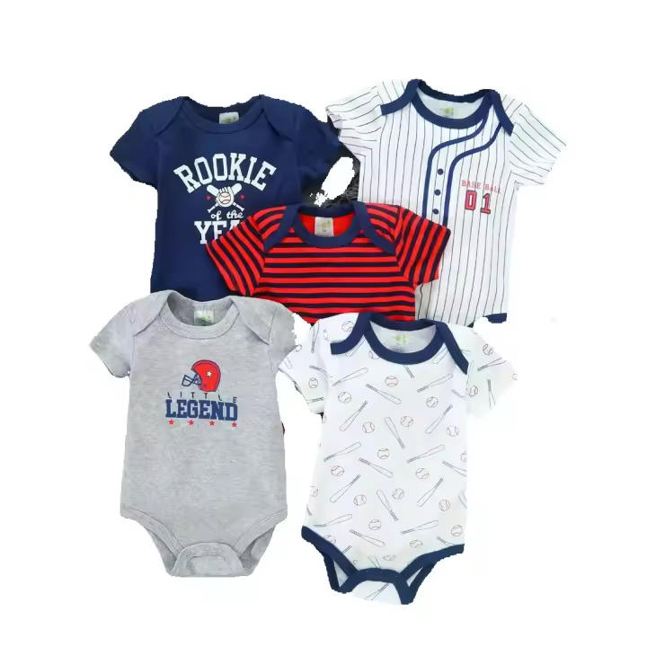 5 piezas de estilo deportivo de una pieza para bebé, ropa cómoda de manga corta, 100% algodón - 1