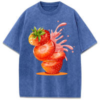 Camiseta lavada con estampado creativo de zumo de fresa para mujer, camisetas de algodón que combinan con todo, Top con cuello redondo, manga corta holgada de verano - details 9