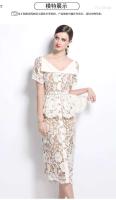 Calidad verano con cuentas Dias bordado Beige blanco encaje vestido de noche mujeres manga corta volante Peplum Midi vestidos de graduación largos - details 5