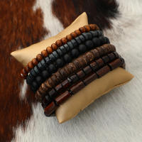 Conjunto de pulsera de cuentas de madera para hombre, diseño de pulsera de cuentas hecha a mano, estilo nacional, Retro, multicolor, línea elástica, 6 uds. - details 1
