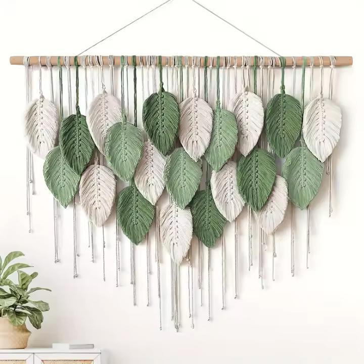 Tapiz único tejido a mano para colgar en la pared con hojas, decoración artística de la pared de la cabecera del dormitorio - 1