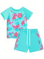 Conjunto De Baño De Dos Piezas Para Niñas Con Estampado De Flores, Top De Manga Corta Y Pantalones Cortos Deportivos Para La Playa O La Piscina - details 8