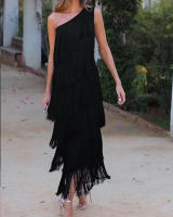 Vestido de mujer，Vestido de noche asimétrico sin mangas de cuello Diagonal de fiesta sin mangas - details 1