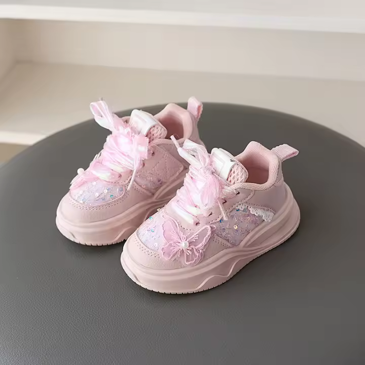 Zapatos para niñas primavera nuevos zapatos de papá extranjero zapatillas de malla para niños zapatillas para correr con diamantes de imitación con lazo - 1
