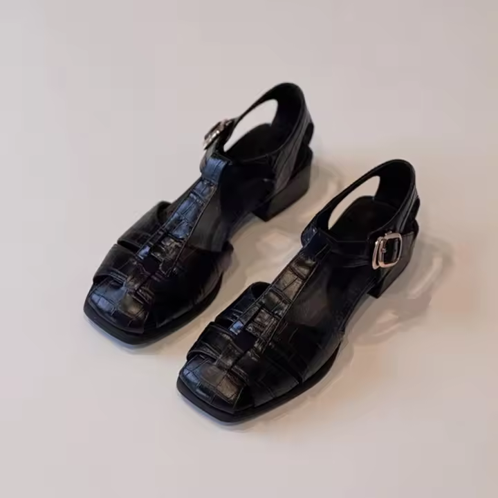 Sandalias de tacón grueso de cuero negro tejido vintage francés, huecas, transpirables, para verano y viajes diarios. - 1