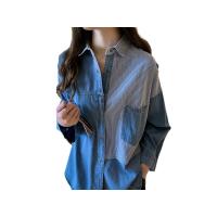 Camisa De Larga Manga Para Mujer En Vaquera Suelta Con Cuello En V Azul Oscuro Estilo Coreano Para Otoño Blusa De Algodón - details 0