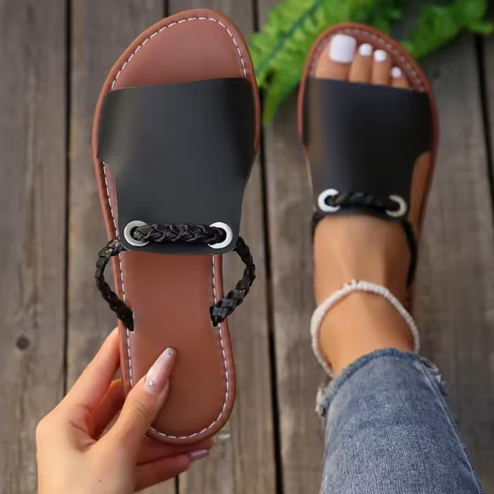 Chanclas de cuero para mujer, Sandalias planas a la moda de marca de verano, sandalias de diseñador, talla grande 43, nuevas - 1