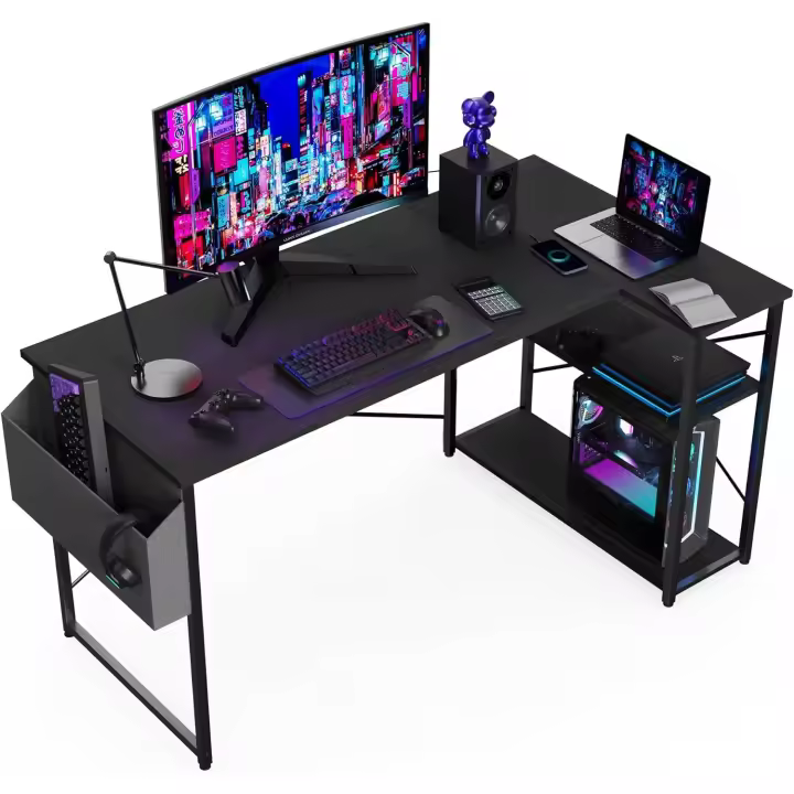 Escritorio de Esquina Ordenador - 100x70 cm Mesa en Forma L, Estantes de Almacenamiento, Esquina Reversible, Gaming Escritorio Mesa Gamer Escritorio para Estudio Trabajo Oficina Dormitorio Hogar - 1
