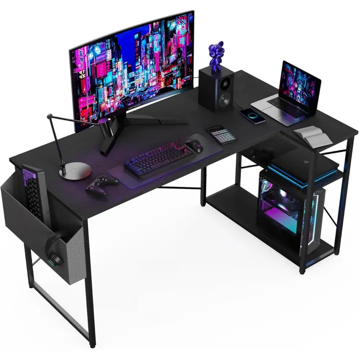 Escritorio de Esquina Ordenador - 100x70 cm Mesa en Forma L, Estantes de Almacenamiento, Esquina Reversible, Gaming Escritorio Mesa Gamer Escritorio para Estudio Trabajo Oficina Dormitorio Hogar - 1
