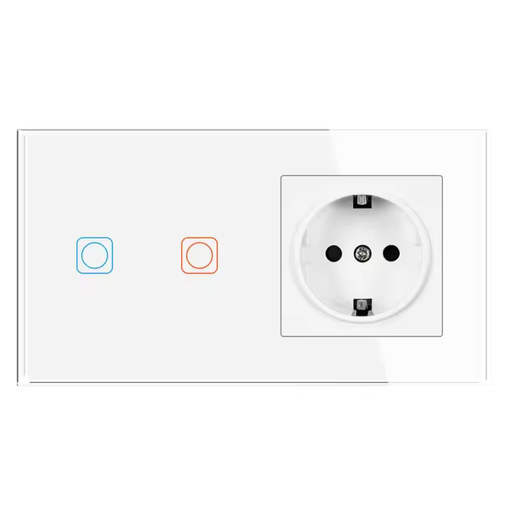 2Gang 1Way Touch interruptor con tomas de corriente 16A 220V,Panel de vidrio templado 153*82mm - 1