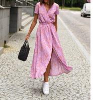 Vestido con estampado Floral para mujer, Túnica Vintage Bohemia, falda larga con abertura en la cintura, cuello en V, manga corta, talla grande 3XL, 2XL, verano y otoño - details 8