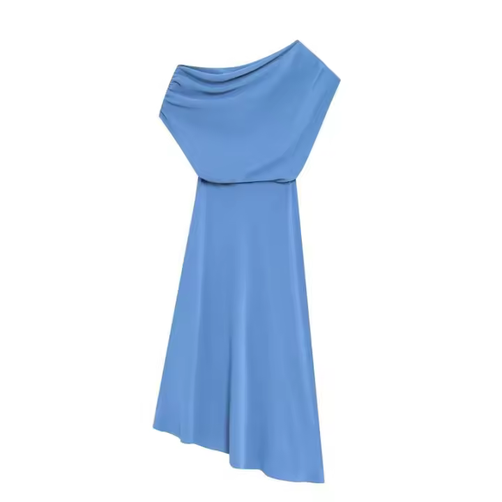 BUNO-Casual Chic vestido de mujer azul sólido asimétrico drapeado cremallera Vestidos largos nueva moda 2025 Primavera Verano vestido de vacaciones. - 1