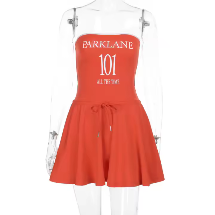 Vestido corto deportivo de playa para vacaciones de verano, sin tirantes, con estampado de letras de viento WQ057 - 1