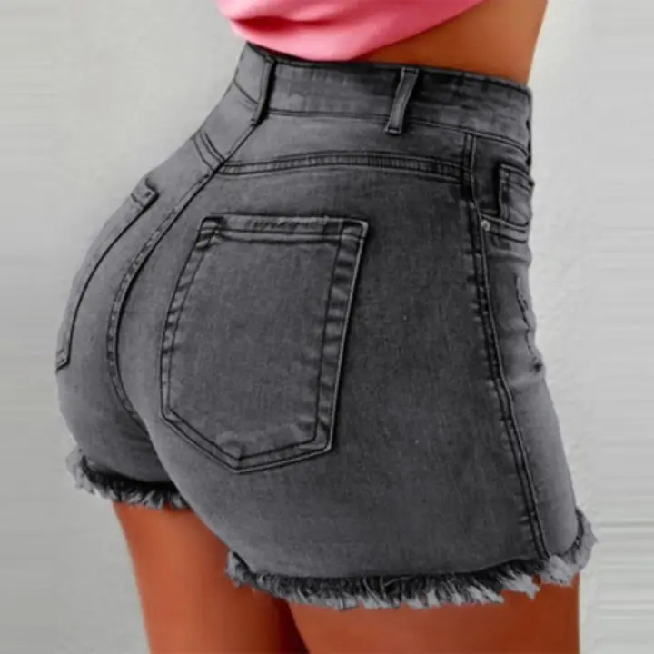 Pantalones cortos de mezclilla elásticos, pantalones calientes rasgados de cintura alta con borlas, pantalones cortos de mujer - 1