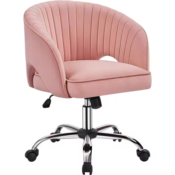 Oficina Silla Terciopelo Silla con Rudas Sillon para Trabajo Silla Altura Ajustable Tapizada de Terciopelo Rosa - 1