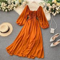 Nuevo modelo de vestido maxi elegante con cuello cuadrado para mujer, gasa lisa con mangas abullonadas, bata de fiesta en la playa, vestidos con volantes vintage - details 3