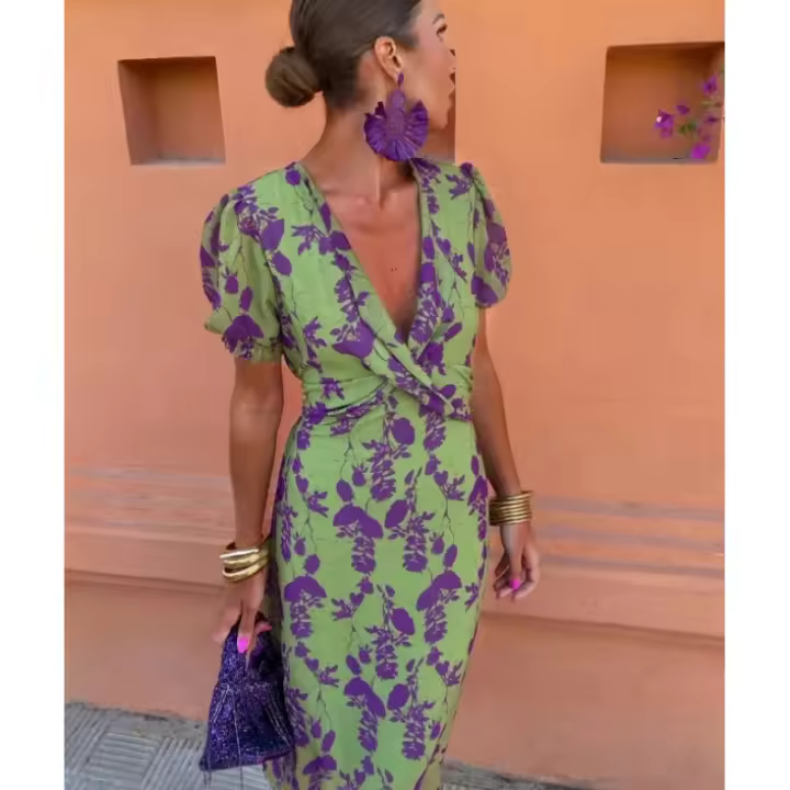 Falda de estampado plisado de moda femenina elegante vestido ajustado de cuello en V de manga corta - 1
