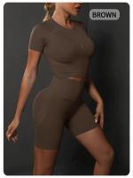 Conjunto de Shorts de Yoga de Algodón Melaleuca Sin Costuras Color Sólido Manga Corta - details 29