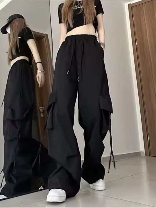 Pantalones Cargo de Cintura Alta Ropa de Calle Hip Hop para Mujeres Pantalones Grandes Bolsillos Casuales - 1