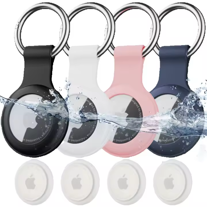 Llavero AirTag impermeable IPX8, llavero con funda de soporte de silicona suave, ligero, antiarañazos, fácil instalación, soporte de etiqueta de aire a prueba de golpes de cuerpo completo para equipaje, llaves, Collar de perro, paquete de 4. - 1