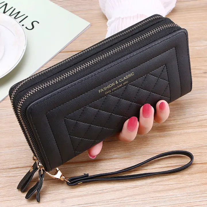Carteras de Cuero PU para mujer, monedero largo con doble cremallera, bolso de mano de diseñador de lujo para teléfono - 1