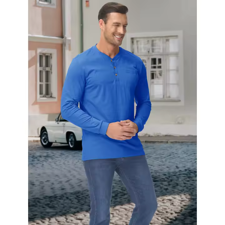 Camisas de algodón Henley para hombre con bolsillo y tapeta de botones - 1
