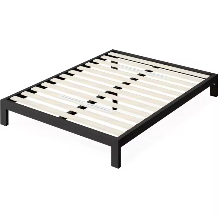 Cama 150x190 cm - Altura 26 cm - Somier de plataforma de metal con soporte de listones de madera - Negro - 1