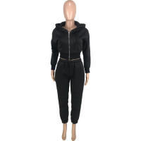Conjunto de dos piezas de chaqueta y pantalones holgados con capucha, bolsillos y diseño de patchwork de color sólido para mujer 9318 - details 9