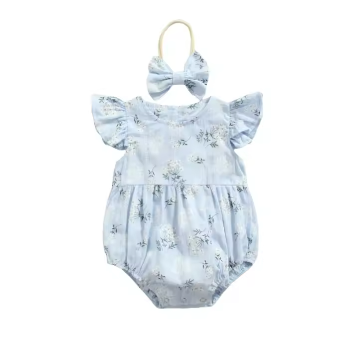 Conjunto de Maternidad Pelele para Bebé con Diadema Mono Floral con Cuello Redondo y Manga Mosca + Diadema para Verano, Azul/Amarillo, 0-24 Meses - 1